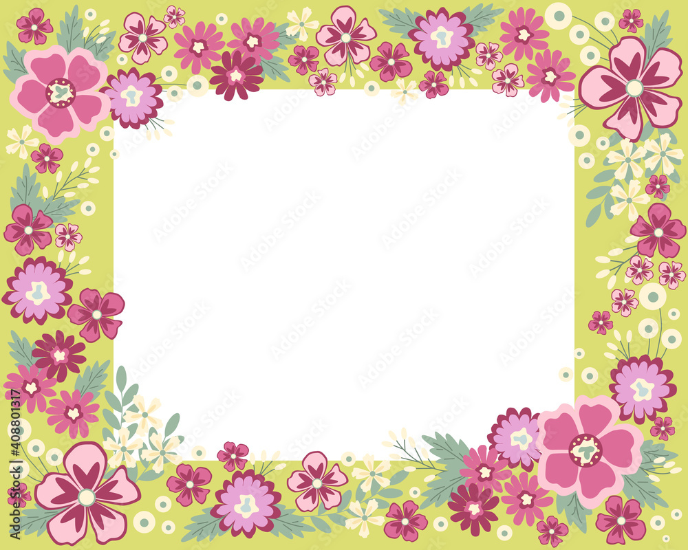 Set of vector leaves and flowers illustration. Green frame on a white background. Banner floral frame for posters, cards, covers, banners, notebooks, flyers and etc. Scalable to any size.