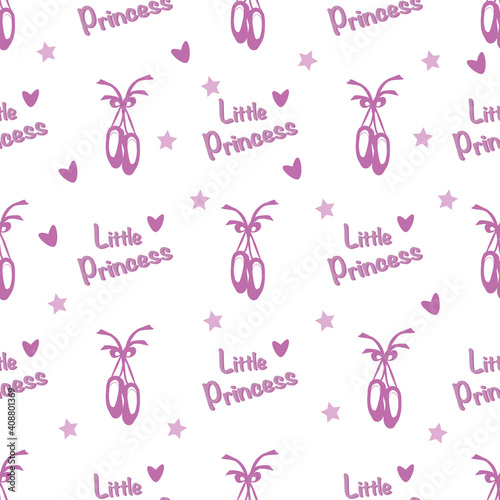 seamless pattern with the image of pointe shoes and the inscription little princess