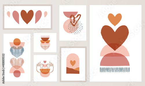 Bohemian, Boho Valentines day illustrations, hand drawn artwork in terracotta, earthy colours, heart and love concept design