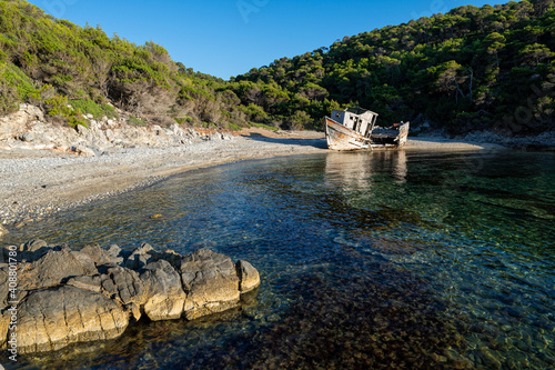 Shipwreck abandoned at a beach of Skyros island in Greece
