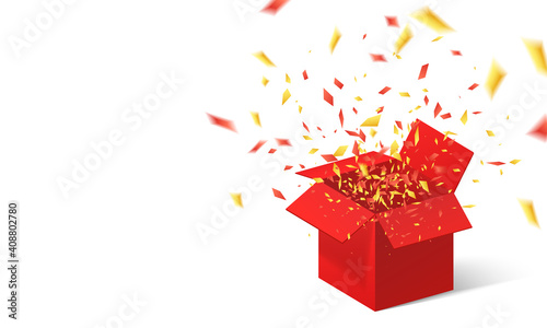 Open Red Gift Box and Confetti. Vector Illustration