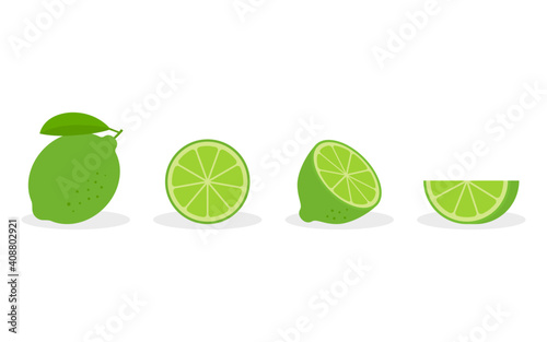 Set of lime - a whole lime, half, a piece and a slice of lime. Fruit isolated on a white background.