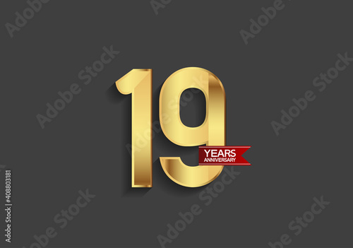 19 years anniversary simple design with golden color and red ribbon isolated on black background can be use for template, element, greeting card, invitation and special celebration event