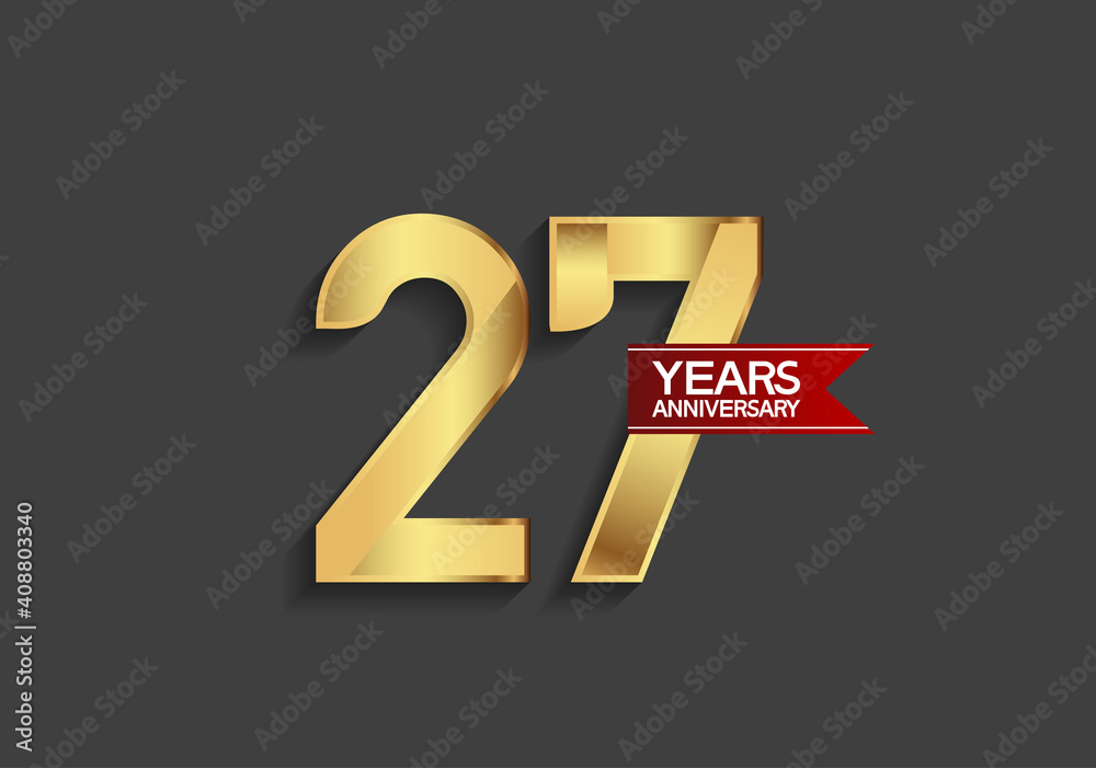 27 years anniversary simple design with golden color and red ribbon isolated on black background can be use for template, element, greeting card, invitation and special celebration event 27 years anniversary simple design with golden color and red ribbon isolated on black background can be use for template, element, greeting card, invitation and special celebration event