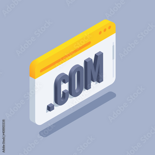 isometric vector illustration on gray background, browser window and lettering .com