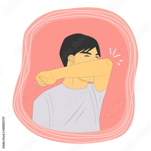 Man sneezing in his elbow for protect virus  spreading to others people cartoon vector