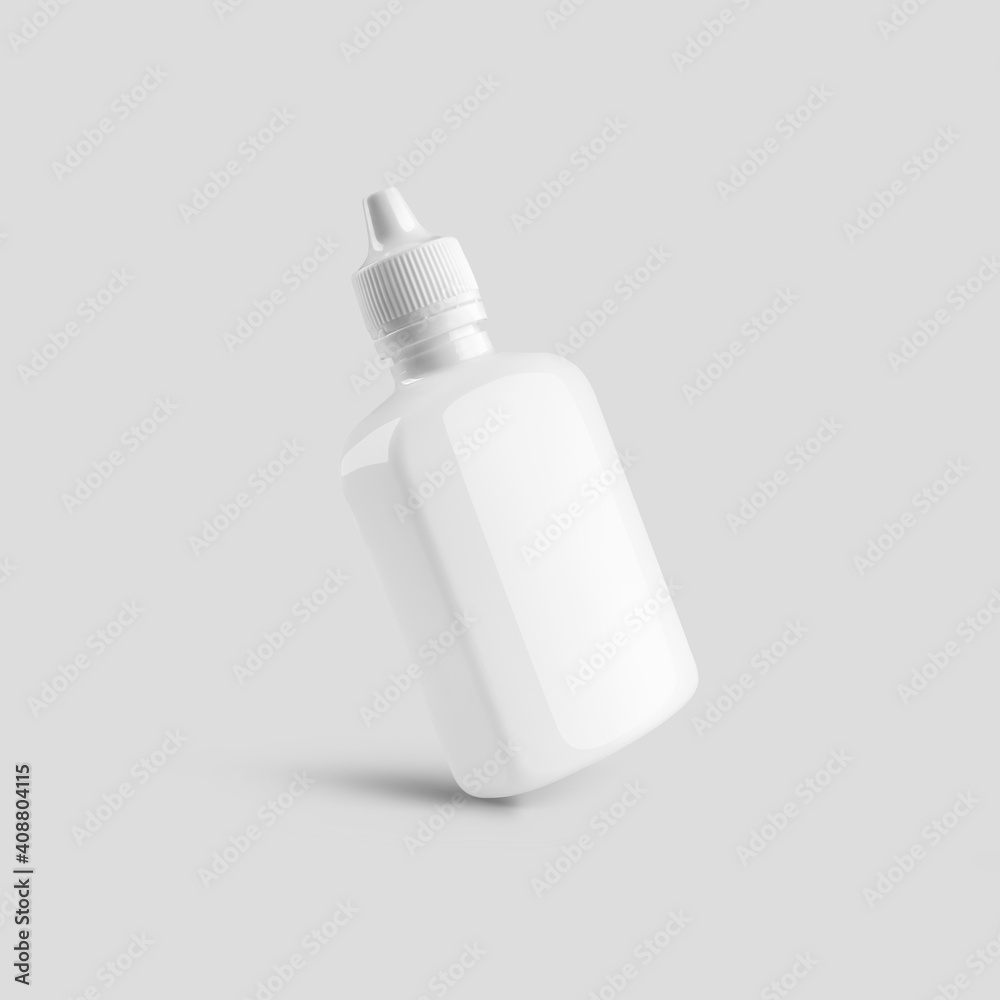 Template of white plastic bottle with cap, dropper, applicator for drops, spray, isolated on background. Template of white plastic bottle with cap, dropper, applicator for drops, spray, isolated on background.