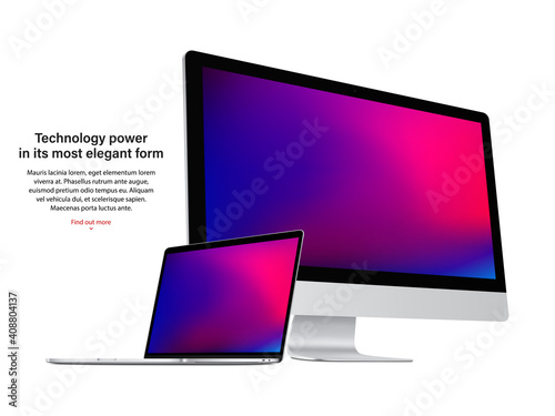 computer display and laptop silver color with colored screen saver isolated on white background. realistic and detailed mockup of monitor and notebook. stock vector 3d isometric illustration