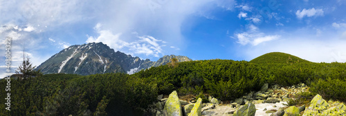 Scenic hiking trail in the Tatra National Park, beautiful mountainscape in the background