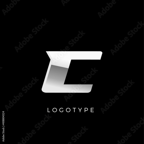 Steel C letter. Business monogram with stainless or chrome effect. Dynamic logo concept with shiny aluminum texture for dynamic sports, speed race, automotive. Metal style typography design
