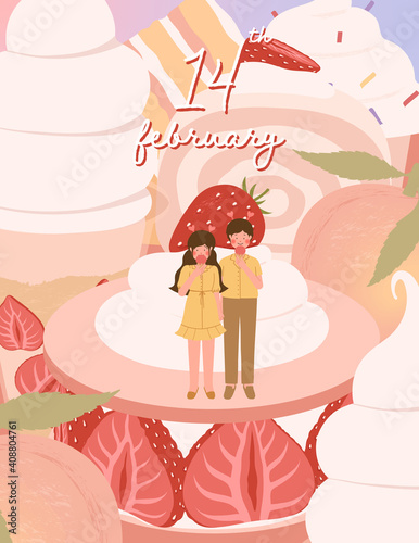 Happy Valentine's day card with cute couple and dessert vector illustration
