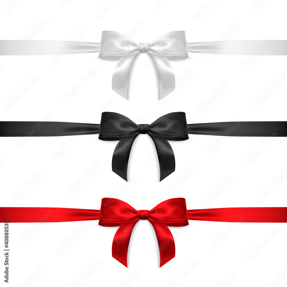 Set of realistic vector bows isolated on white background. White, red, black gift bows for cards, presentation, valentine's day, christmas and birthday illustrations. Top view Set of realistic vector bows isolated on white background. White, red, black gift bows for cards, presentation, valentine's day, christmas and birthday illustrations. Top view
