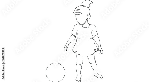 Little child plays with a ball. Childrens games. One continuous drawing line logo single hand drawn art doodle isolated minimal illustration.