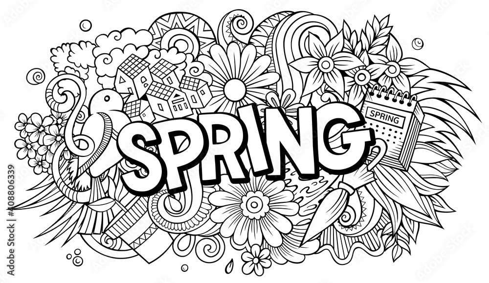 Spring hand drawn cartoon doodles illustration. Funny seasonal design.