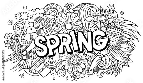 Spring hand drawn cartoon doodles illustration. Funny seasonal design.