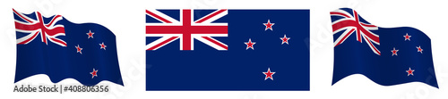 Flag of New zealand in static position and in motion, fluttering in the wind in exact colors and sizes, on white background