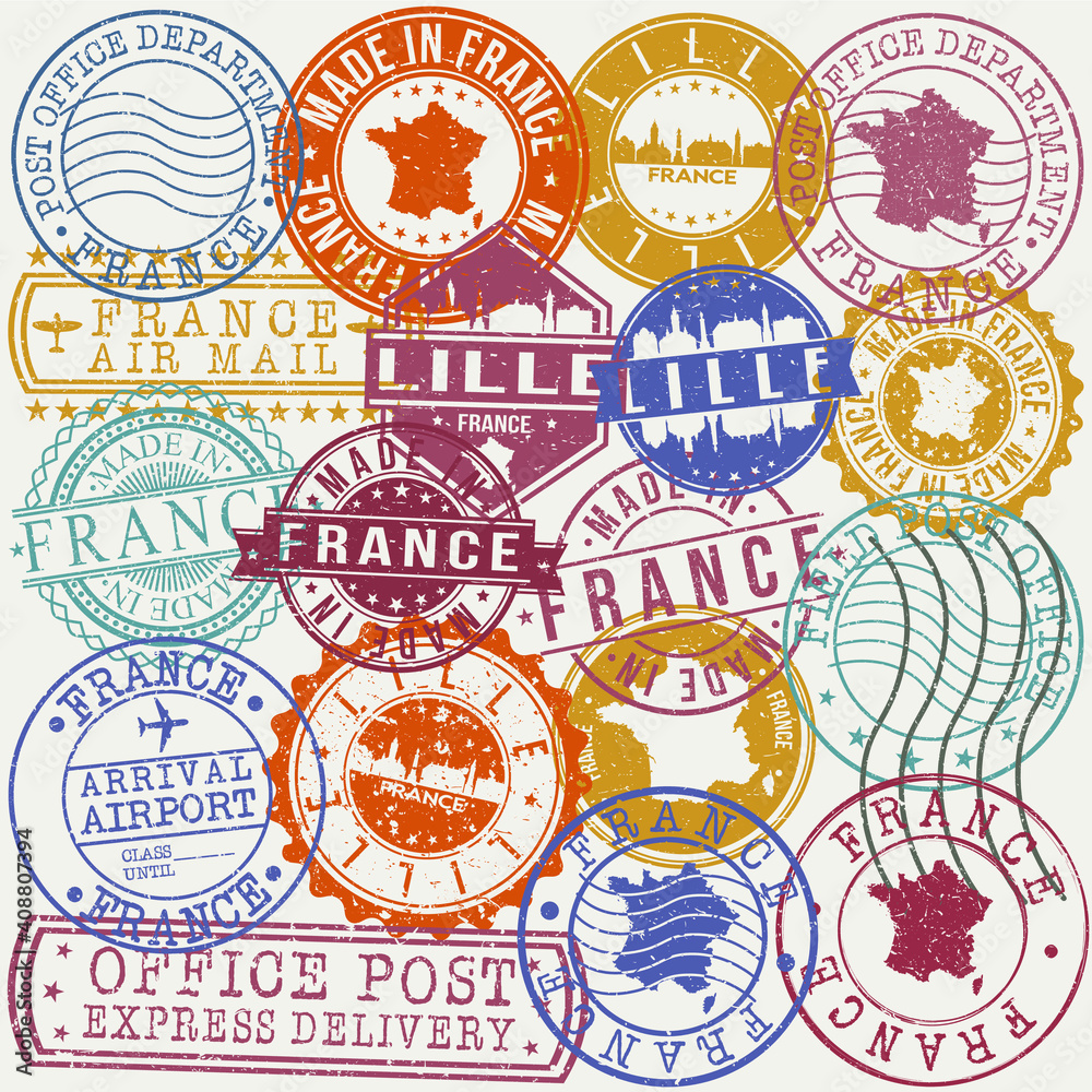 Lille France Set of Stamps. Travel Stamp. Made In Product. Design Seals Old Style Insignia.