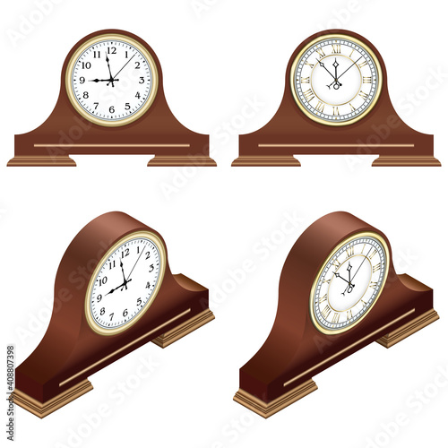 Isometric brown wooden table clocks with arabic and roman numerals. 3D render. Vector illustration.