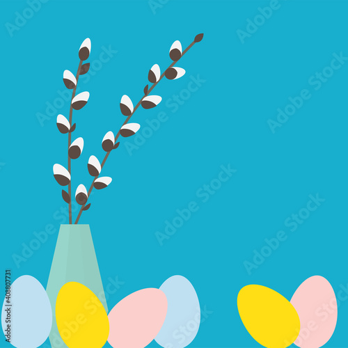 colorful easter eggs and pussy willow in a vase- vector illustration