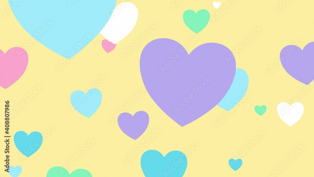Graphic looping animation of floating pastel love hearts on a yellow background. Graphic looping animation of floating pastel love hearts on a yellow background.