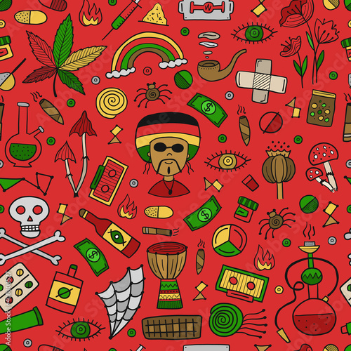 Drugs addiction. Say no to drugs. Rasta collection with skull, marijuana, dru...