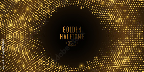 Abstract golden glittering halftone cover. Luxurious glowing dots circle. Festive round frame for graphic design. Retro party background. Vector illustration.