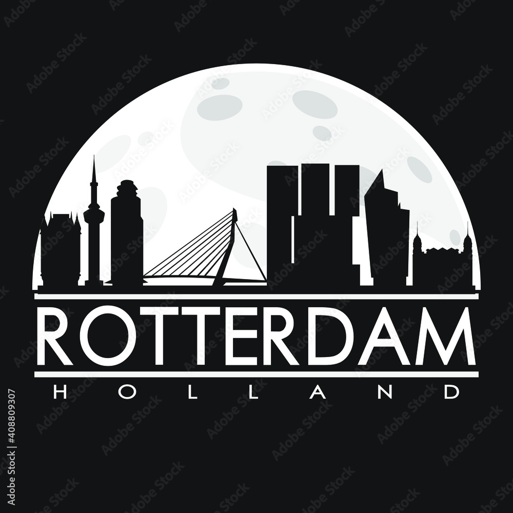 Rotterdam Full Moon Night Skyline Silhouette Design City Vector Art Background.