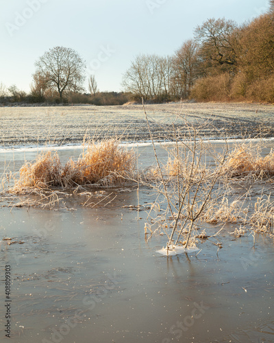 Winter Landscape with frost and ice on trees and frozen water. In winter sunshine. © coxy58