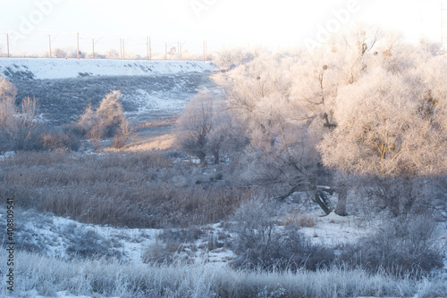winter sunrise and a tree on a slope. Fantastic winter landscape. frozen snowy trees at sunrise. Christmas holiday background © Kyreichenko
