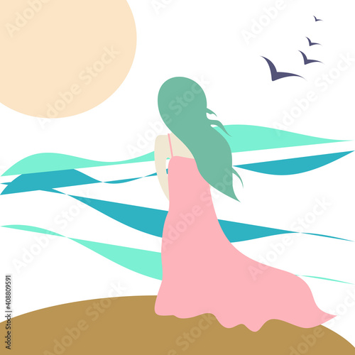 Fantasy girl with blue long hair standing in front of the sea observing waves swaying, sunrise and birds flying. Her dress and hair are fluttering in the wind. Dreamy composition in muted colors.