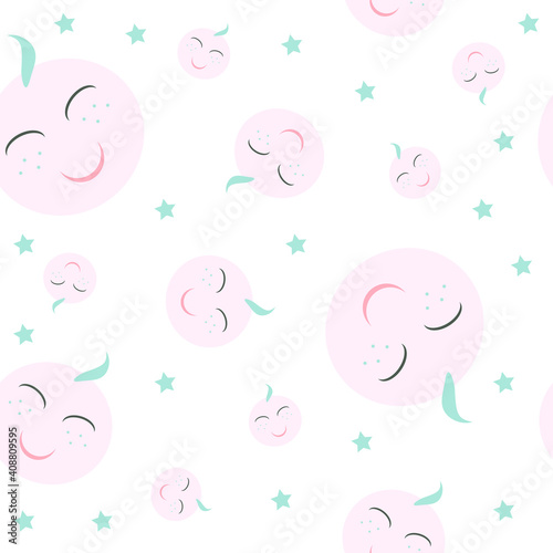 Abstract and creative print of newborn child cartoon face in tender muted colors on white. Randomly scattered symbol. Great for wrapping, packaging, fabric design, banner, backdrop. Suits for kids.