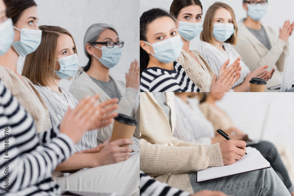 collage of multicultural businesswomen in medical masks applauding during seminar collage of multicultural businesswomen in medical masks applauding during seminar