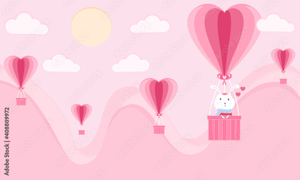 Little bunny in pink balloon Happy valentines day