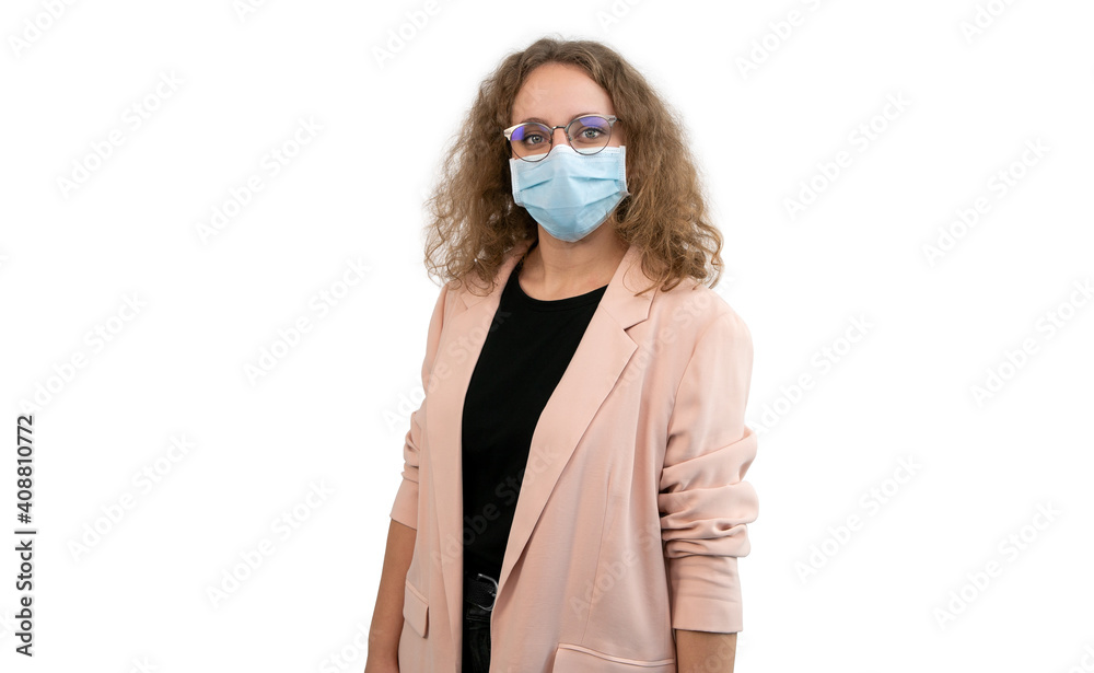 Young woman in suit wearing mask and glasses isolated on a white. Covid 19. Young woman in suit wearing mask and glasses isolated on a white. Covid 19.