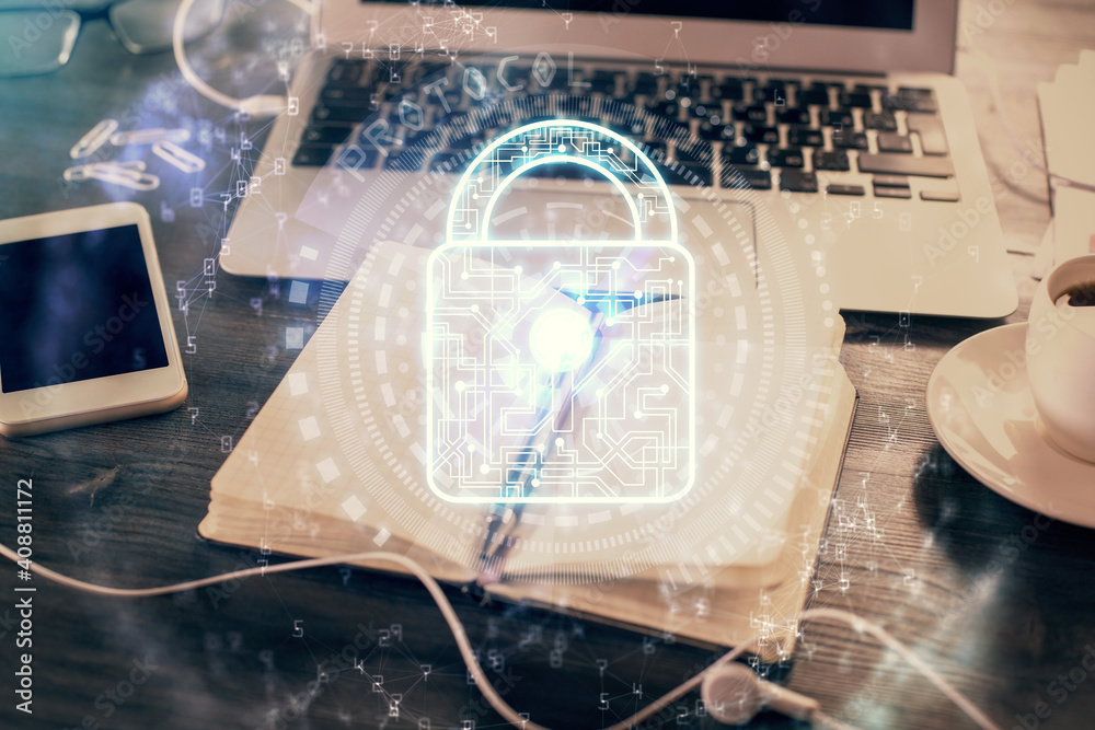 Multi exposure of lock drawings and desk with open notebook background. Concept of security Multi exposure of lock drawings and desk with open notebook background. Concept of security