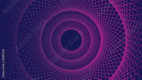 Abstract vortex pattern. Tunnel or warmhole grid. Wireframe circle tech backdrop. Futuristic ripple or echo effect. Purple on blue background. Intertwined lines make a sphere. Vector illustration. 