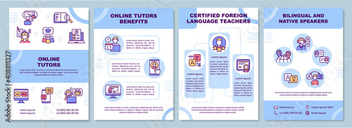 Online tutors bemefits brochure template. Bilingual speakers. Flyer, booklet, leaflet print, cover design with linear icons. Vector layouts for magazines, annual reports, advertising posters