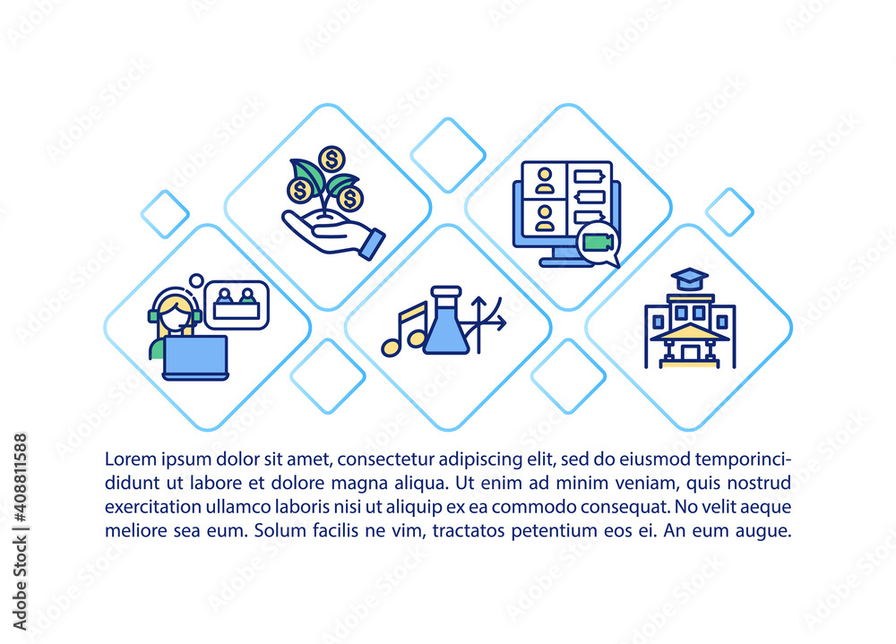 Inviting and pleasant atmosphere concept icon with text. Online education PPT page vector template. Distance learning. Brochure, magazine, booklet design element with linear illustrations Inviting and pleasant atmosphere concept icon with text. Online education PPT page vector template. Distance learning. Brochure, magazine, booklet design element with linear illustrations
