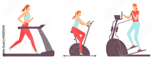 Young women are doing exercises on cardio machines. Treadmill, ellipse, exercise bike. Healthy lifestyle. Characters isolated on white background. Vector illustration in hand drawn flat style.