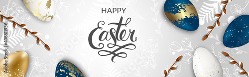 Happy Easter background with realistic golden shine decorated eggs, Willow. Vector illustration greeting card, ad, promotion, poster, flyer, web-banner.