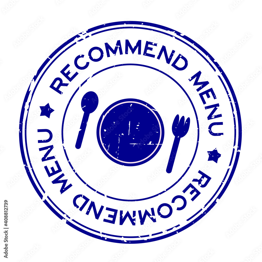Grunge blue recommended menu word with dish, spoon and fork icon rubber seal stamp on white background Grunge blue recommended menu word with dish, spoon and fork icon rubber seal stamp on white background