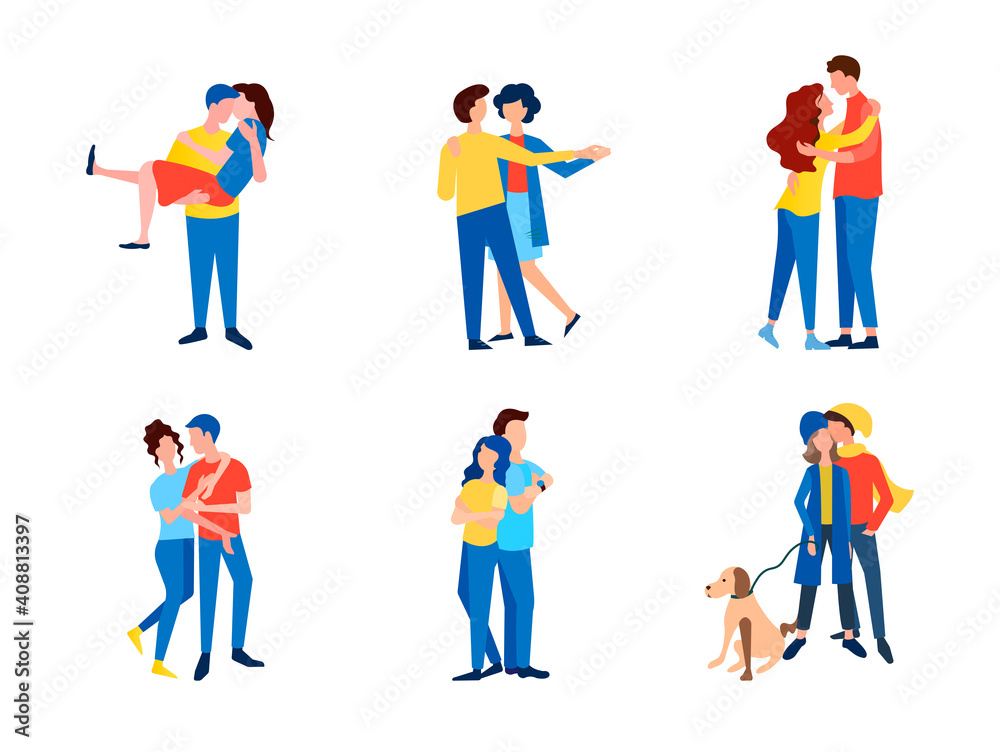 A set of vector images of couples in love dancing, hugging, chatting in a relaxed atmosphere