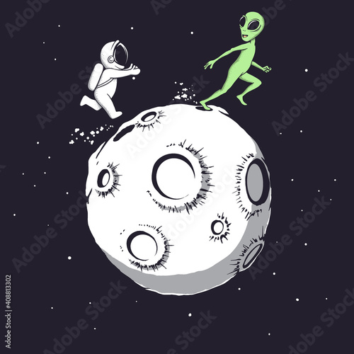 Astronaut playing with an alien
