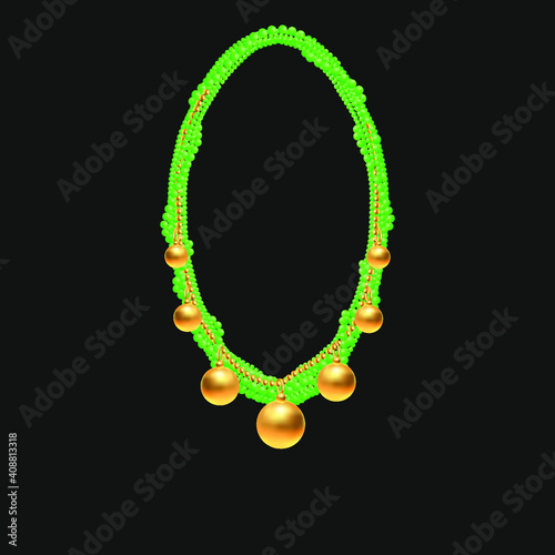 Green beaded necklace with creative pendants. 3d vector illustration.