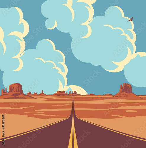 Vector landscape with a highway in the desert and mountains and with clouds in blue sky. Summer illustration of an endless straight road running through the barren American scenery