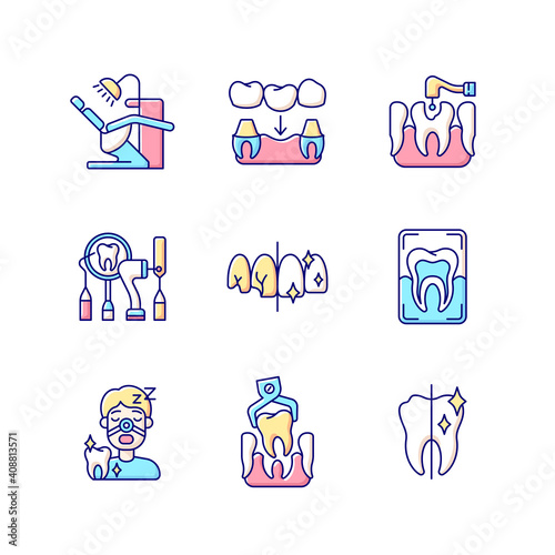 Dental procedures RGB color icons set. Sleeping dentistry. Orthodontics practice. Dental surgery. Professional stomatology occupation. Tooth recovery. Oral cavity. Isolated vector illustrations