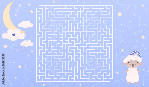Horizontal labyrint for kids, good night concept with cute sheep sleeping, help lamp to find way to moon, night