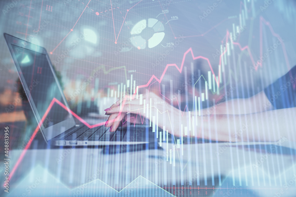 Double exposure of businesswoman hands typing on computer and forex chart hologram drawing. Financial analysis concept. Double exposure of businesswoman hands typing on computer and forex chart hologram drawing. Financial analysis concept.