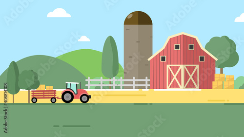 Organic agriculture produce organic food for people have good health.  A tractor is collecting haystack to store at barn. Farm in countryside in clear blue sky day. A tractor is harvesting crop at far