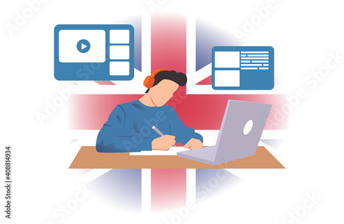 Illustration of a person learning English at home. Distance learning English.